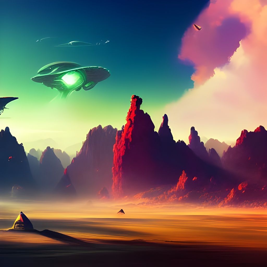 Futuristic Alien Landscape with Hovering Ships