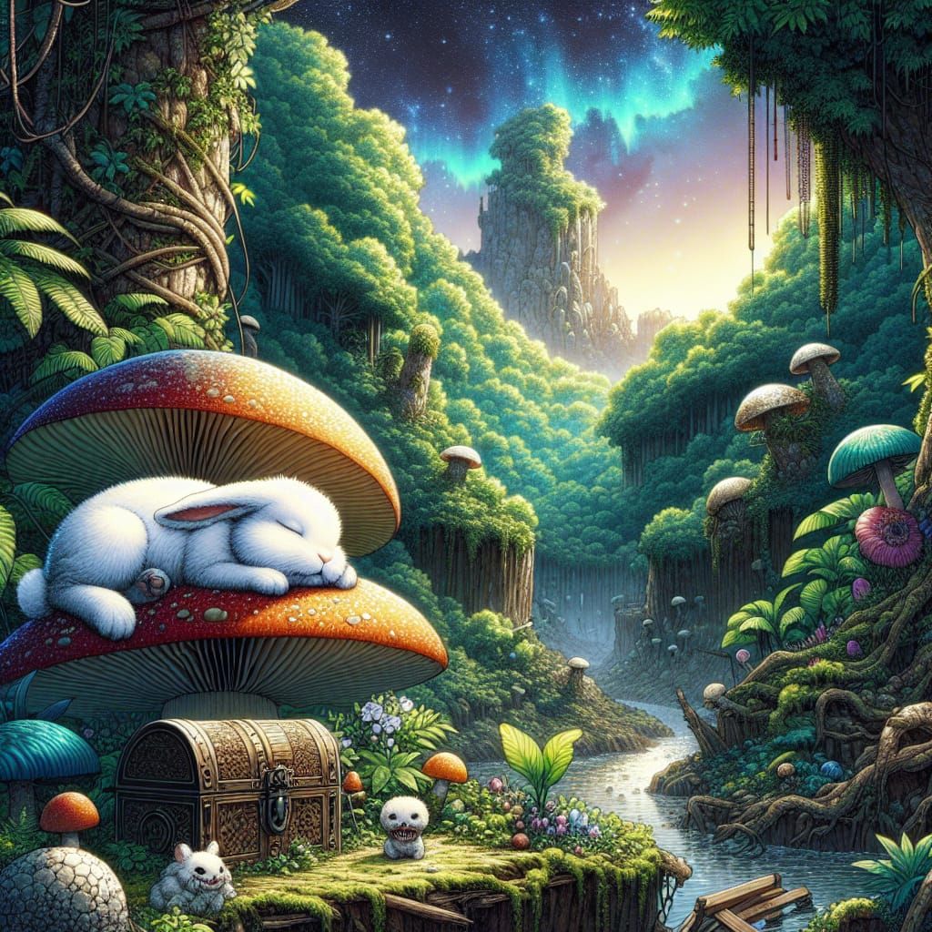 White Bunny Asleep in Ruined Jungle, Anime Style
