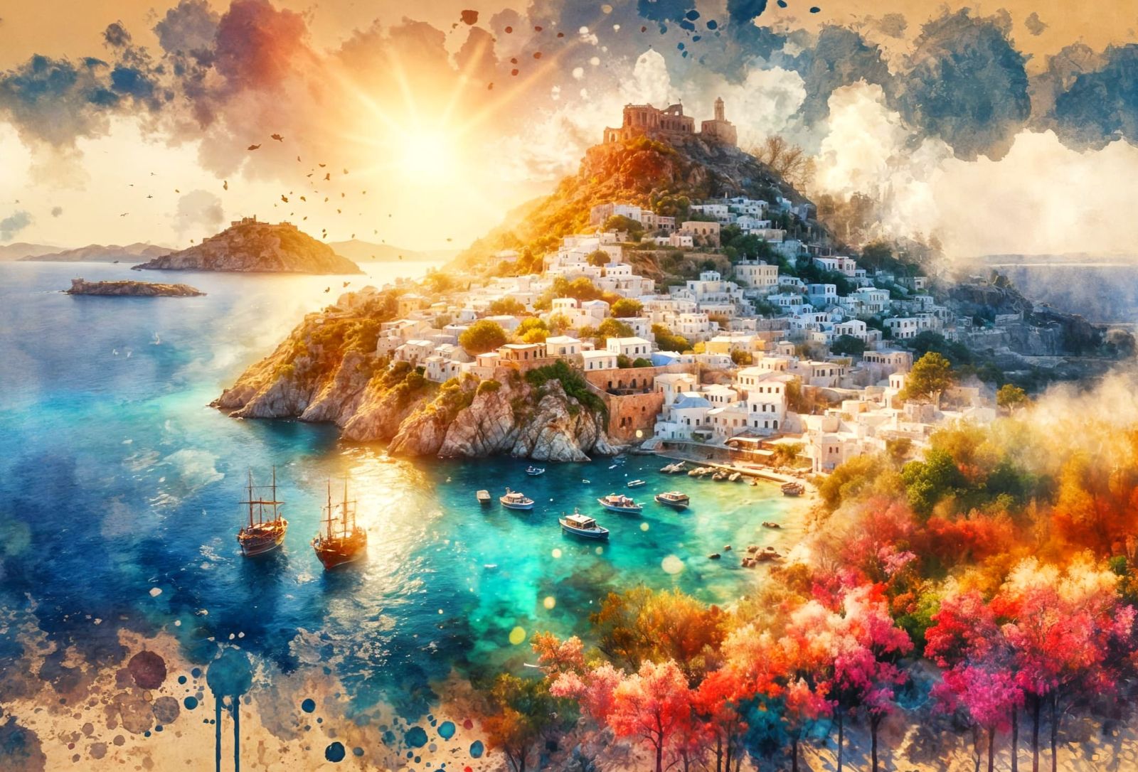 Impressionistic Greek Island Coastline in Golden Light