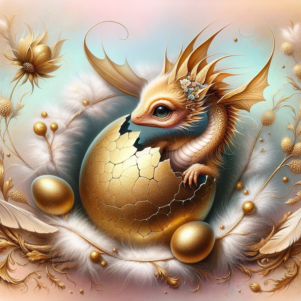 Golden Dragon Hatchling in Romantic Realism Style