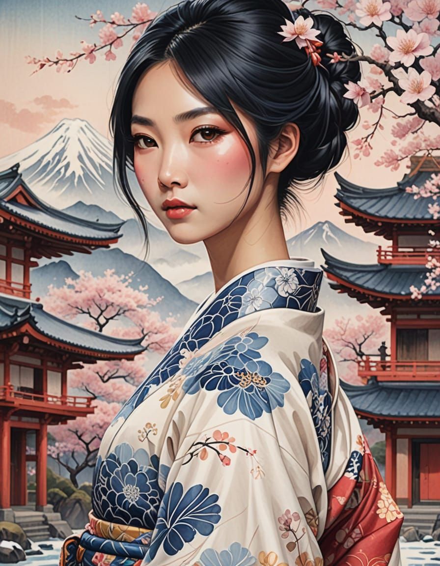 Hyperrealistic Japanese Woman in Traditional Kimono