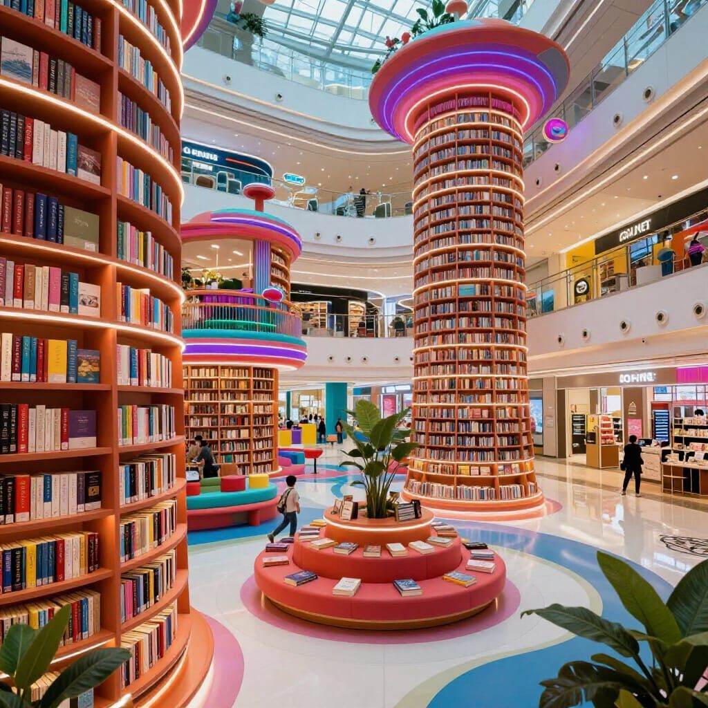 Vibrant Retro Futuristic Library in Modern Mall