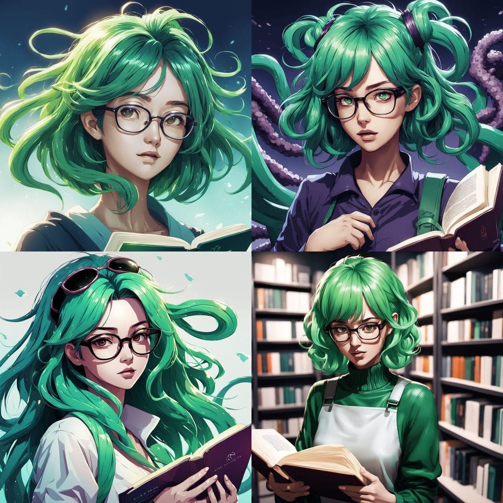 Woman with Vibrant Green Tentacle Hair Carries a Book in Ani...