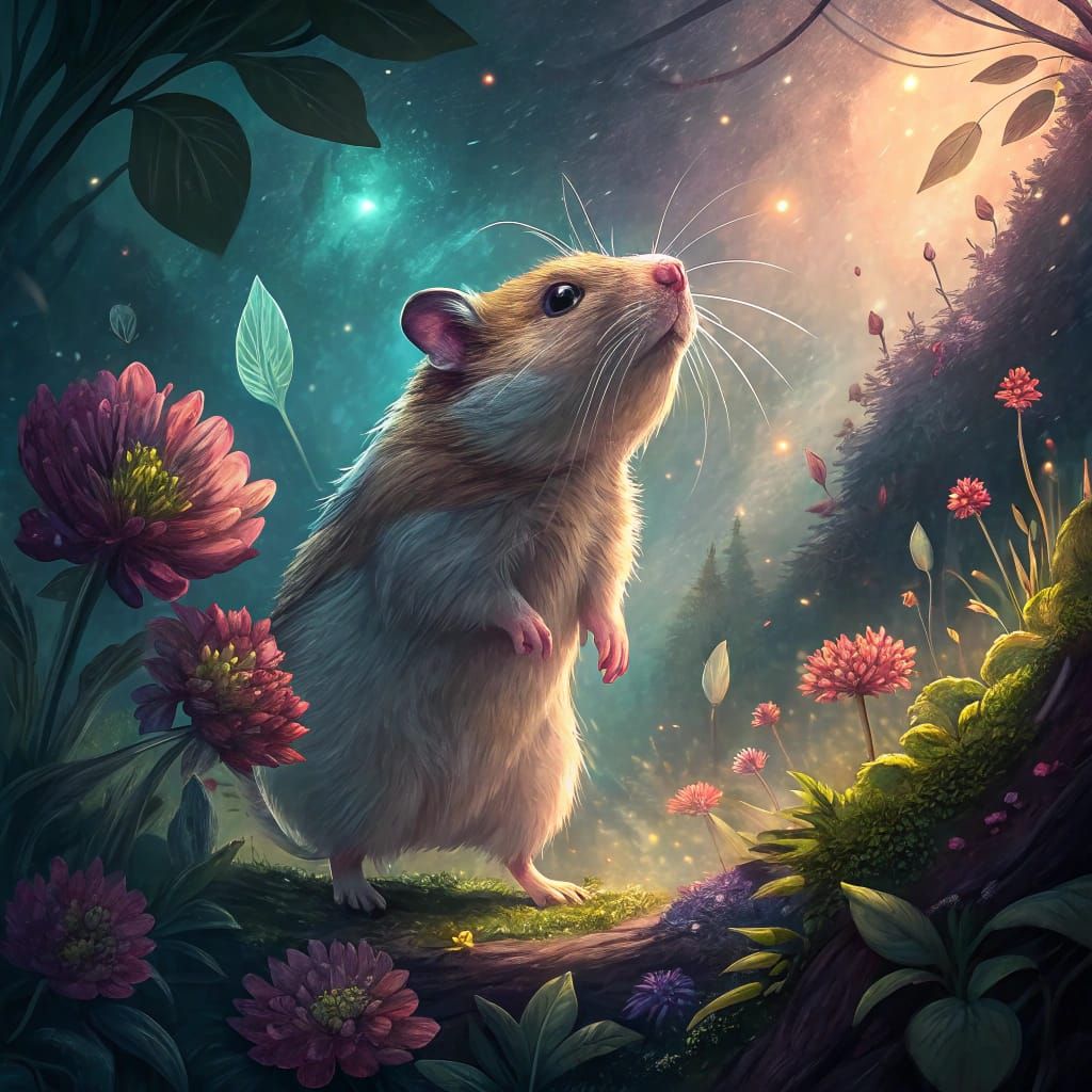 Heroic Hamster in Whimsical Fantasy Landscape
