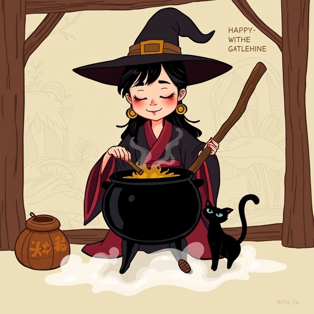 Asian Witch Stirring Cauldron, Cartoon Style