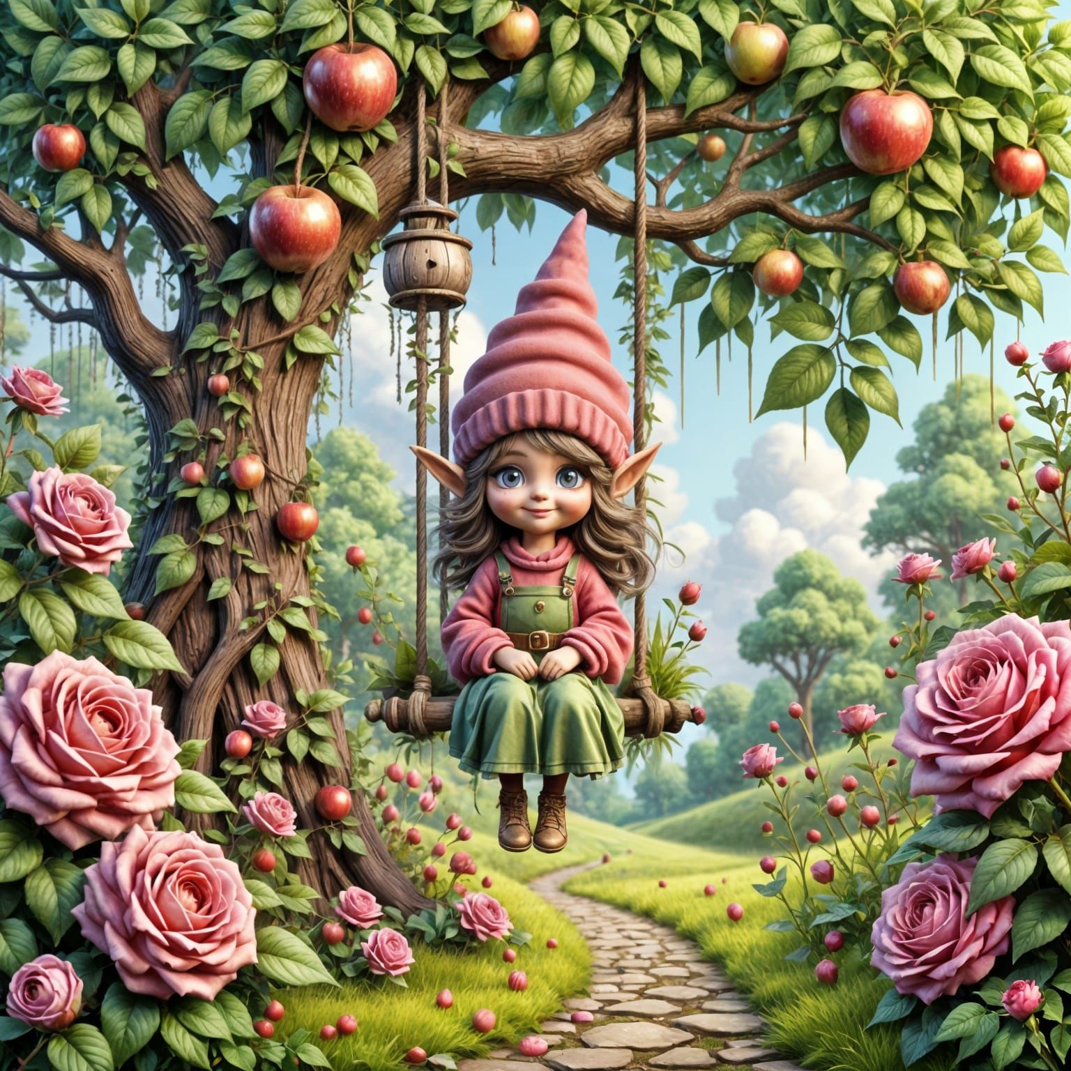 Whimsical Scandic Gnome Plays Under Apple Tree