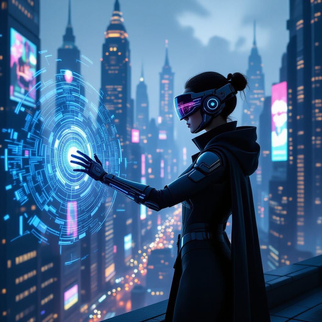 Cyberpunk Woman Interfaces with Art Deco Cityscape