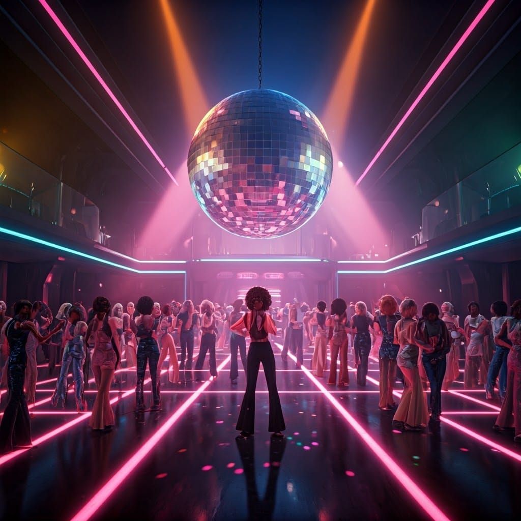 A futuristic disco dance floor with neon lights and glowing ...