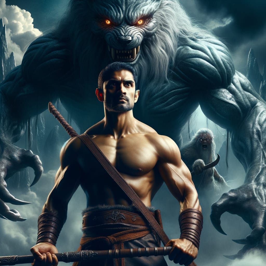 Brave Warrior Faces Mythological Fenrir in Dark Landscape