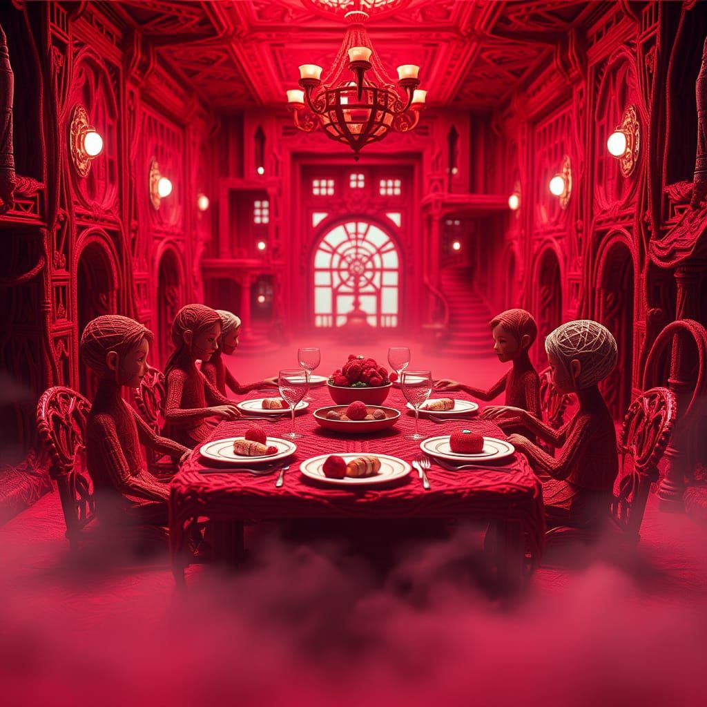 Red Yarn Family Feast in Sci-Fi Setting