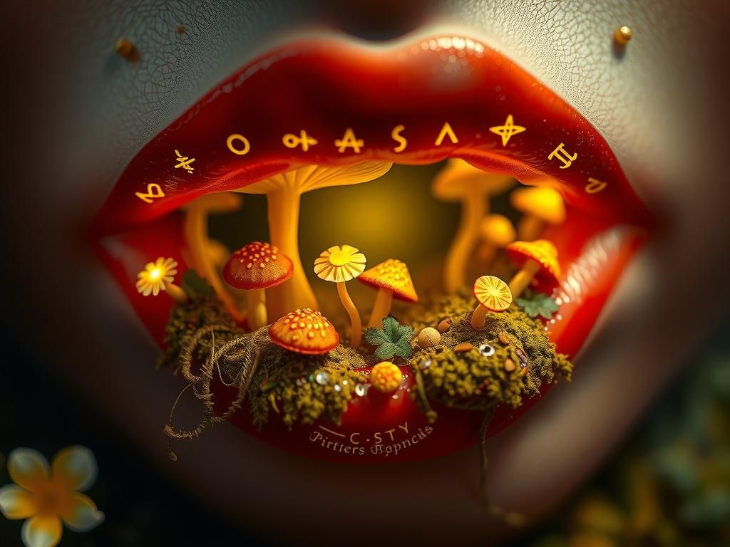 Miniature Forest on Lips in Fantasy Art Style