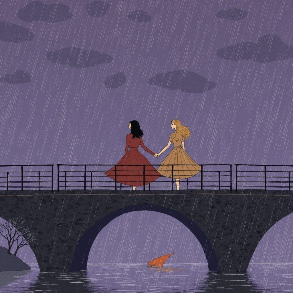 Women Holding Hands on a Bridge Under Violet Clouds