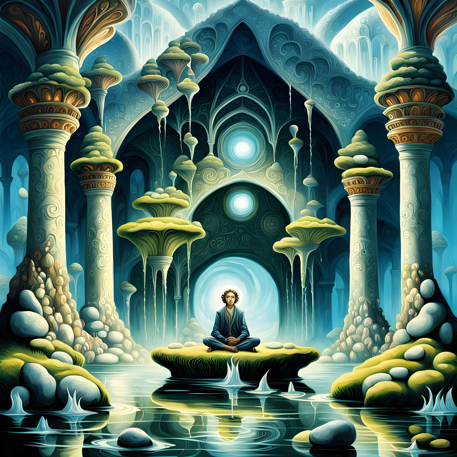 Ethereal Elf Meditating in Bioluminescent Grotto