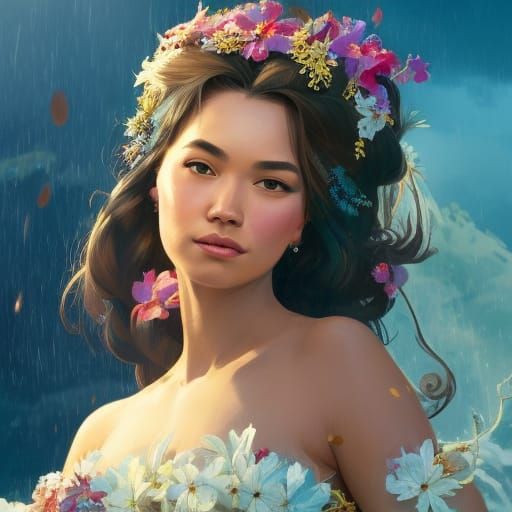 Detailed Portrait of Hawaiian Princess in Art Nouveau Style