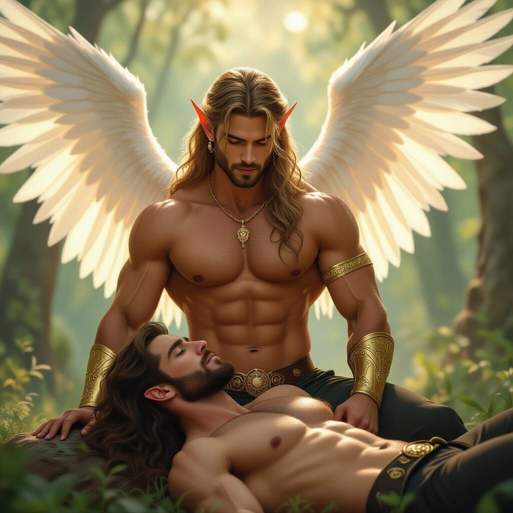 Ethereal Forest Scene: Men with Angelic Wings