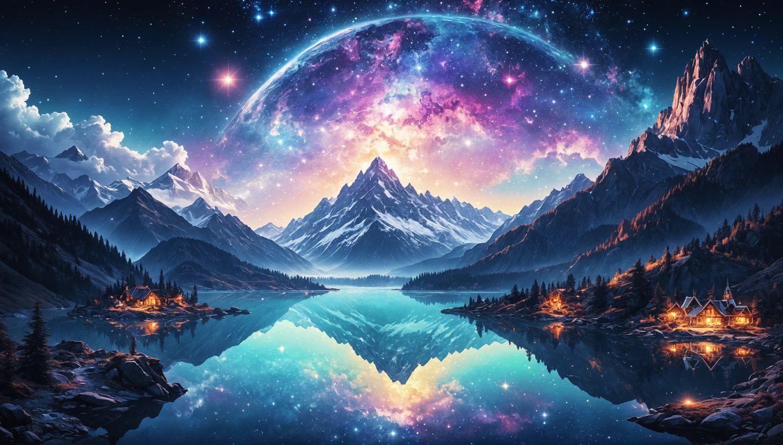 Fantasy Mountain Lake with Stars: Collage Art