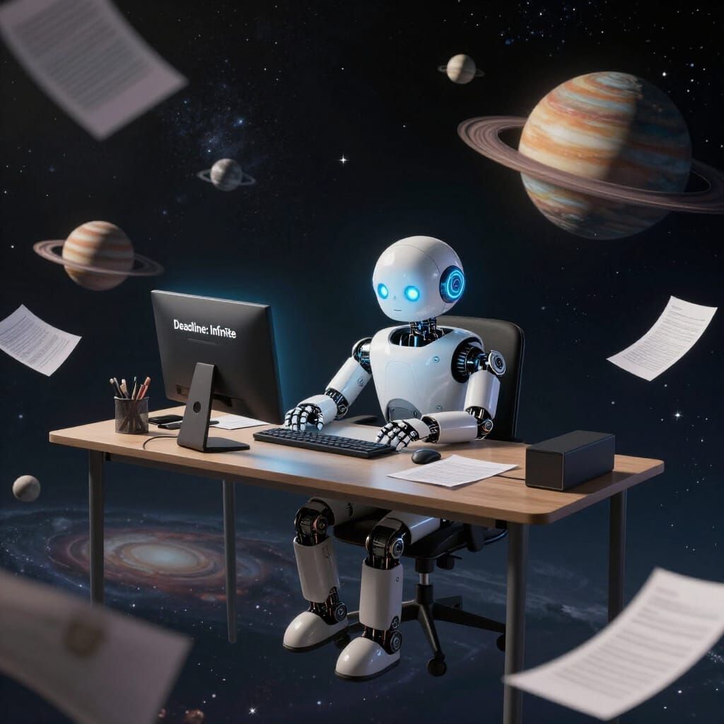 Surreal AI Robot at Space Desk