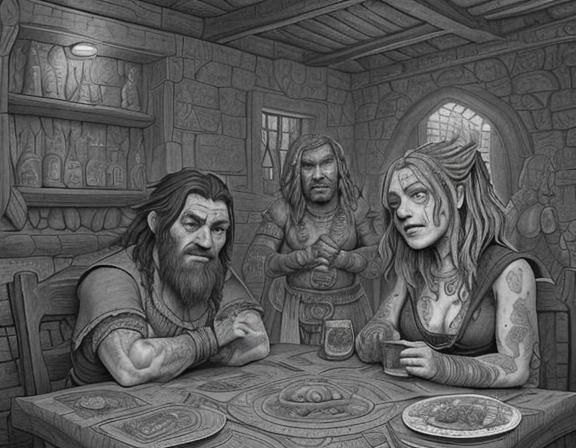 Tired Adventurers in Fantasy Tavern, Grotesque Ink Art