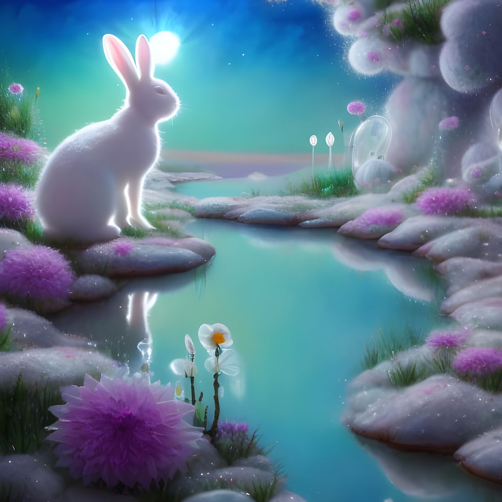 Surreal Desert Oasis with White Bunny in Oil Painting Style