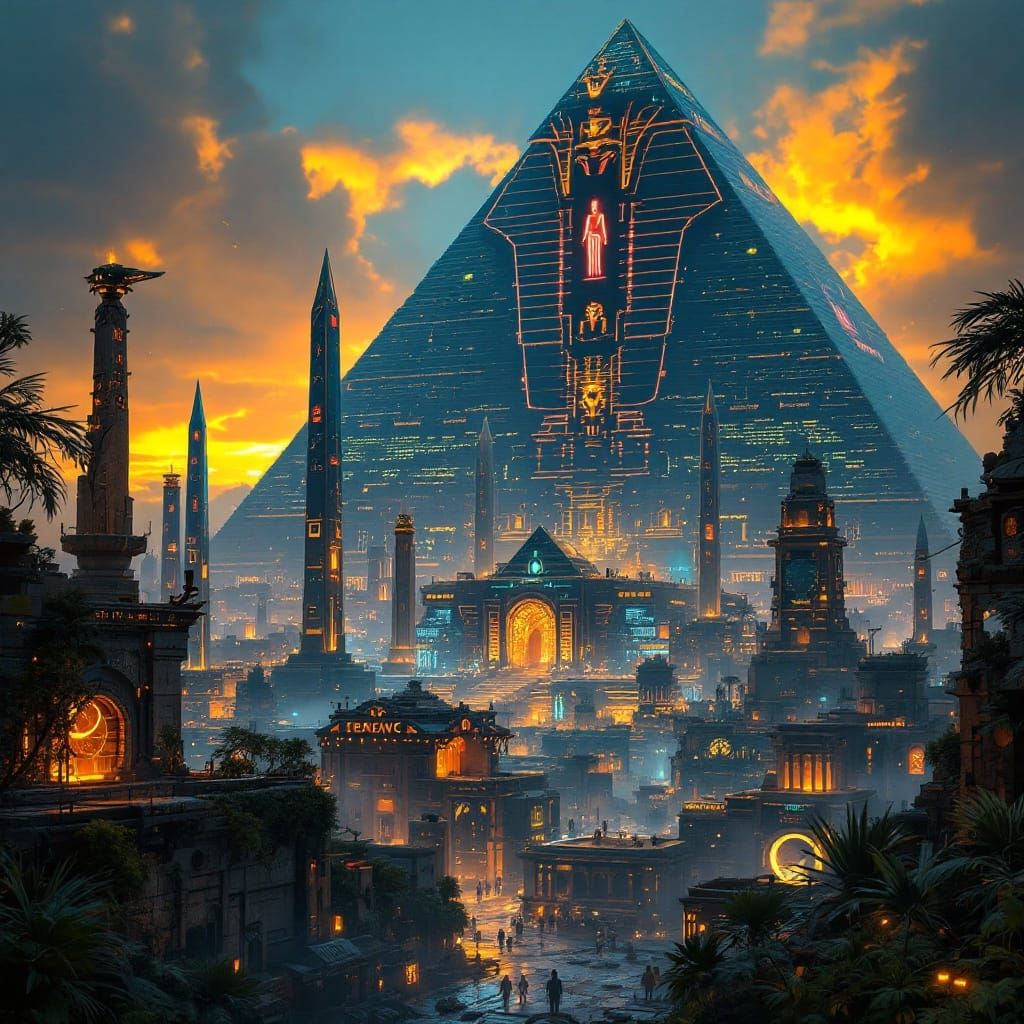 Cyberpunk-Egyptian Megablock Dominates Urban Landscape