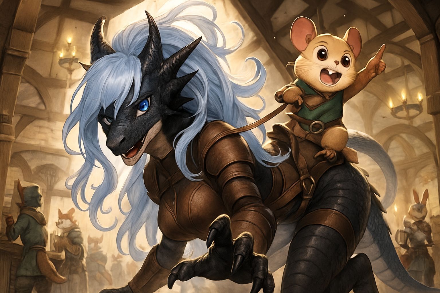 Anime Dragon Rider in Fantasy Guild Hall