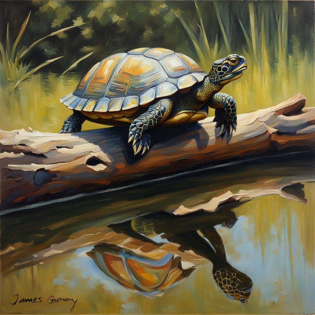 Turtle on Log in Pond Oil Painting