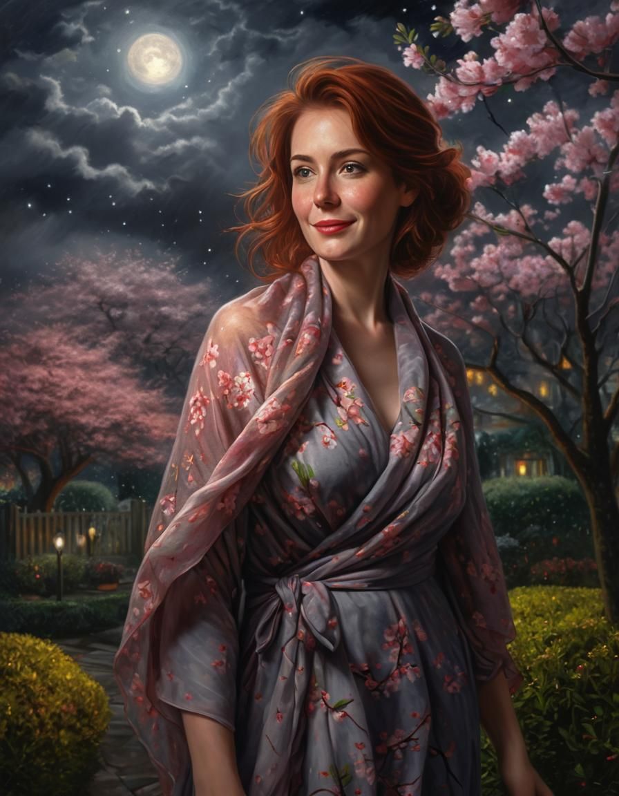 Auburn Woman in Garden at Night in Chiaroscuro