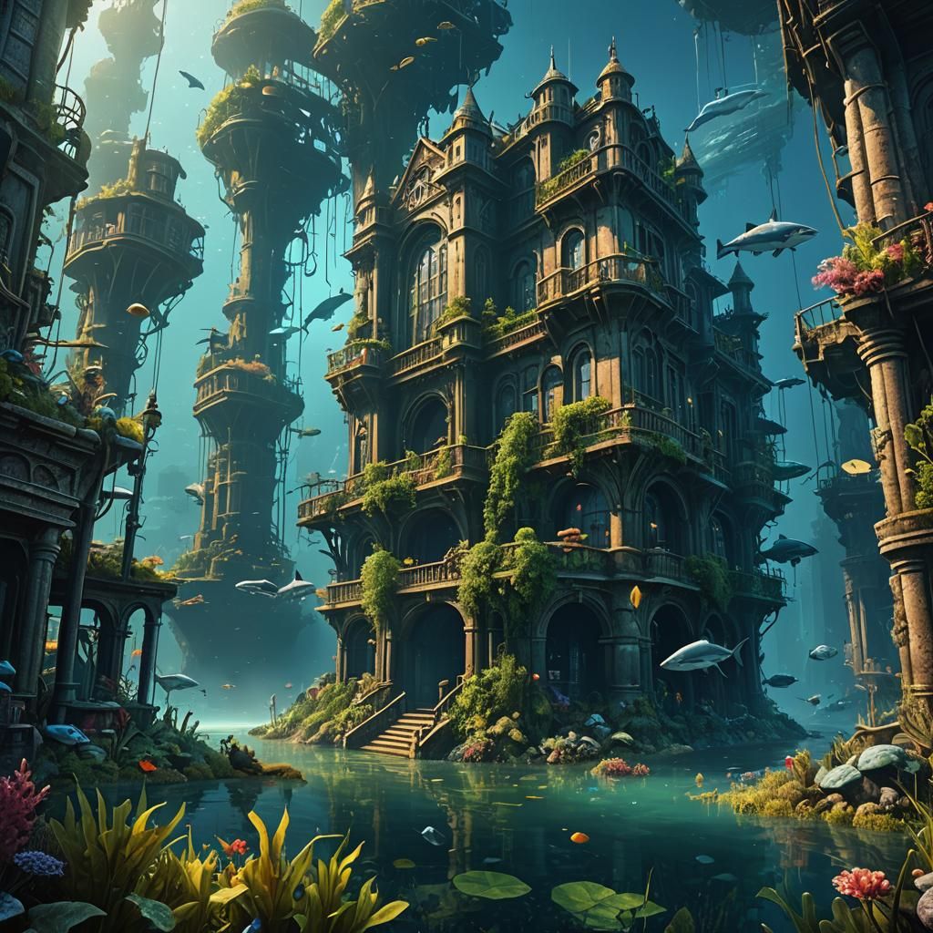 Deep Color Abandoned Underwater City Concept Art