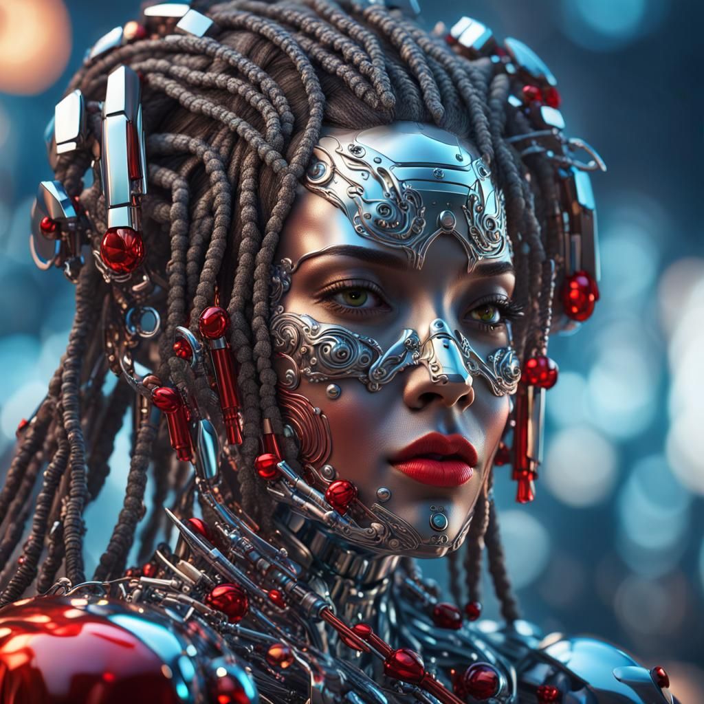 Chrome Robot with Dreadlocks: Hyper Detailed Macro Photograp...
