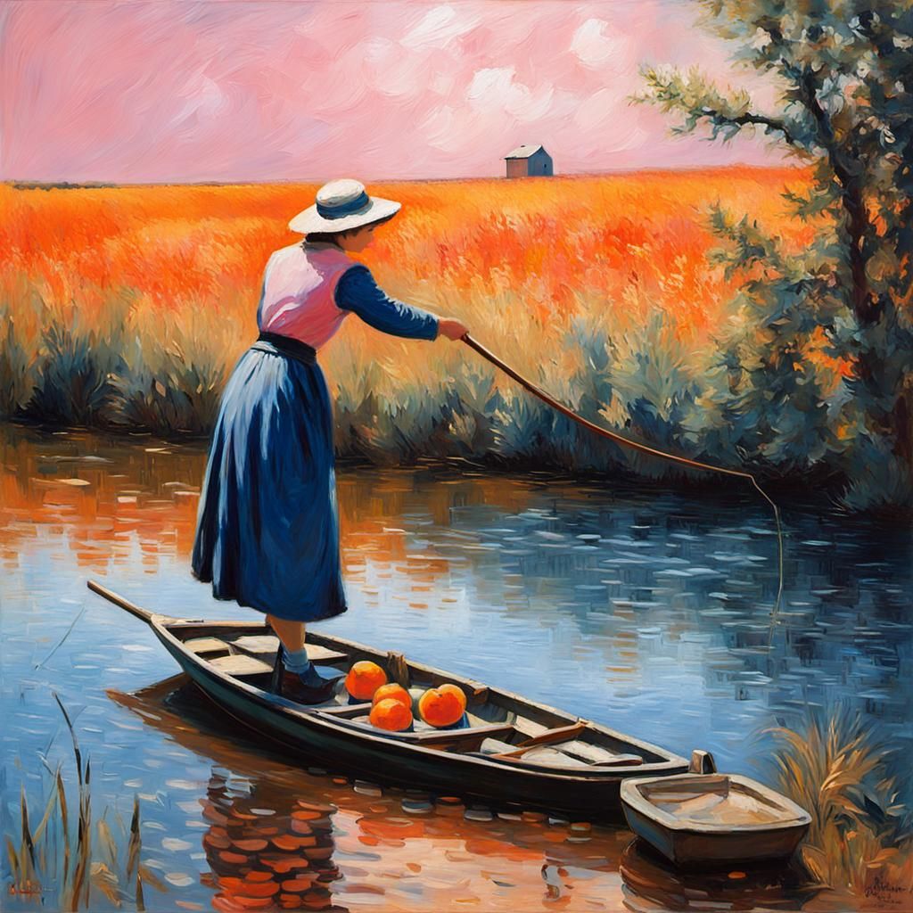 Countryside Fishing Scene in Encaustic Oil Painting