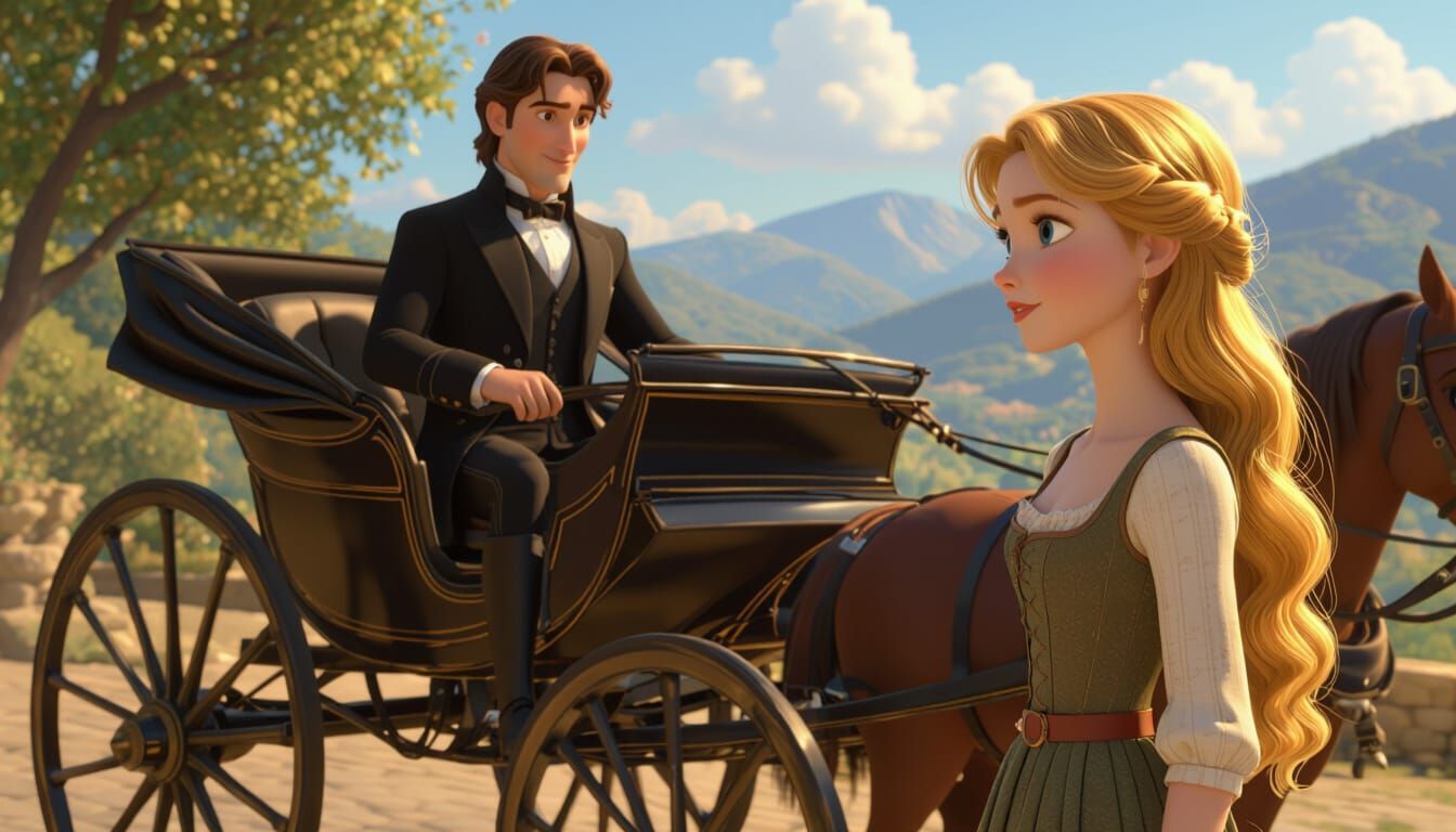 Elegant Merchant Meets Golden-Haired Woman: Disney Pixar Sty...