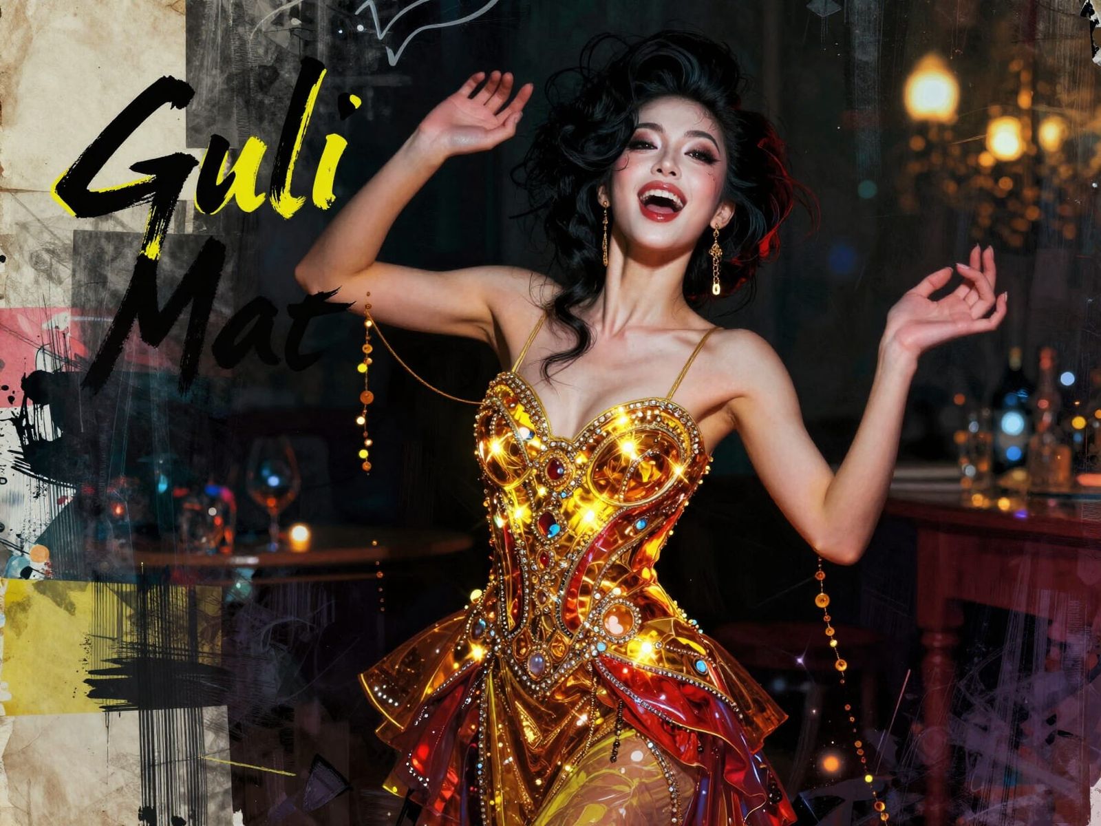 Cyberpunk Kabuki Woman with Glowing Amber Dress