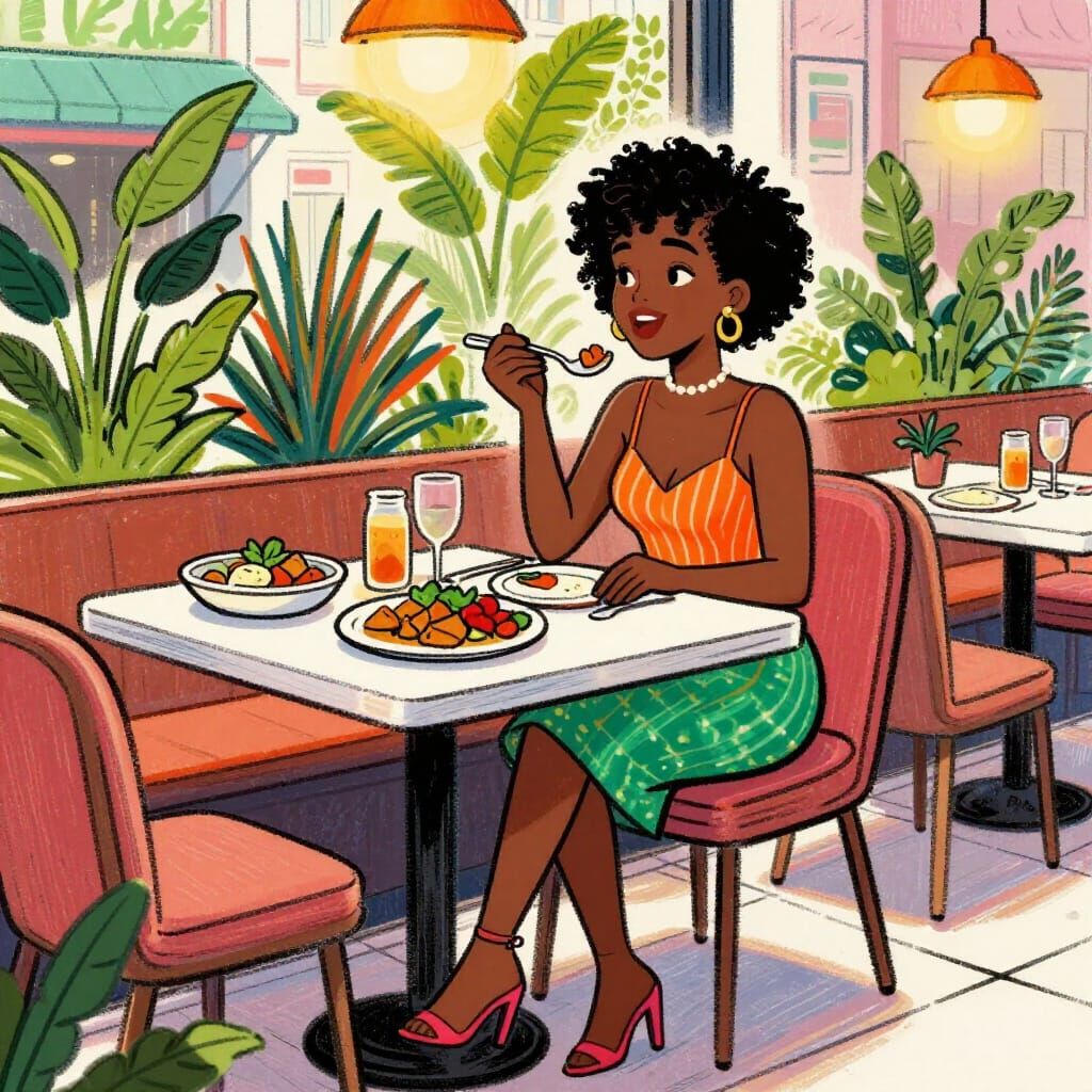 African Woman's Solo Date in Lush Urban Restaurant