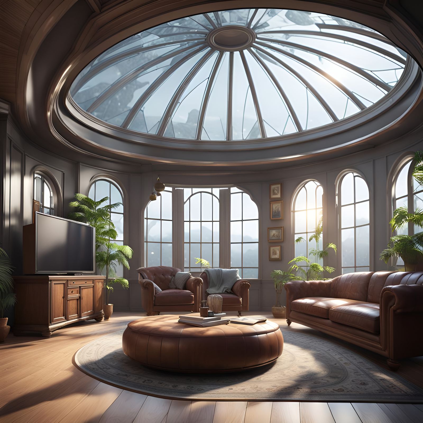 Semicircular Living Room with Glass Roof, 3D Render
