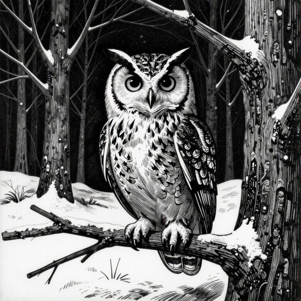 Black and White Woodcut Owl in Snowy Night Forest