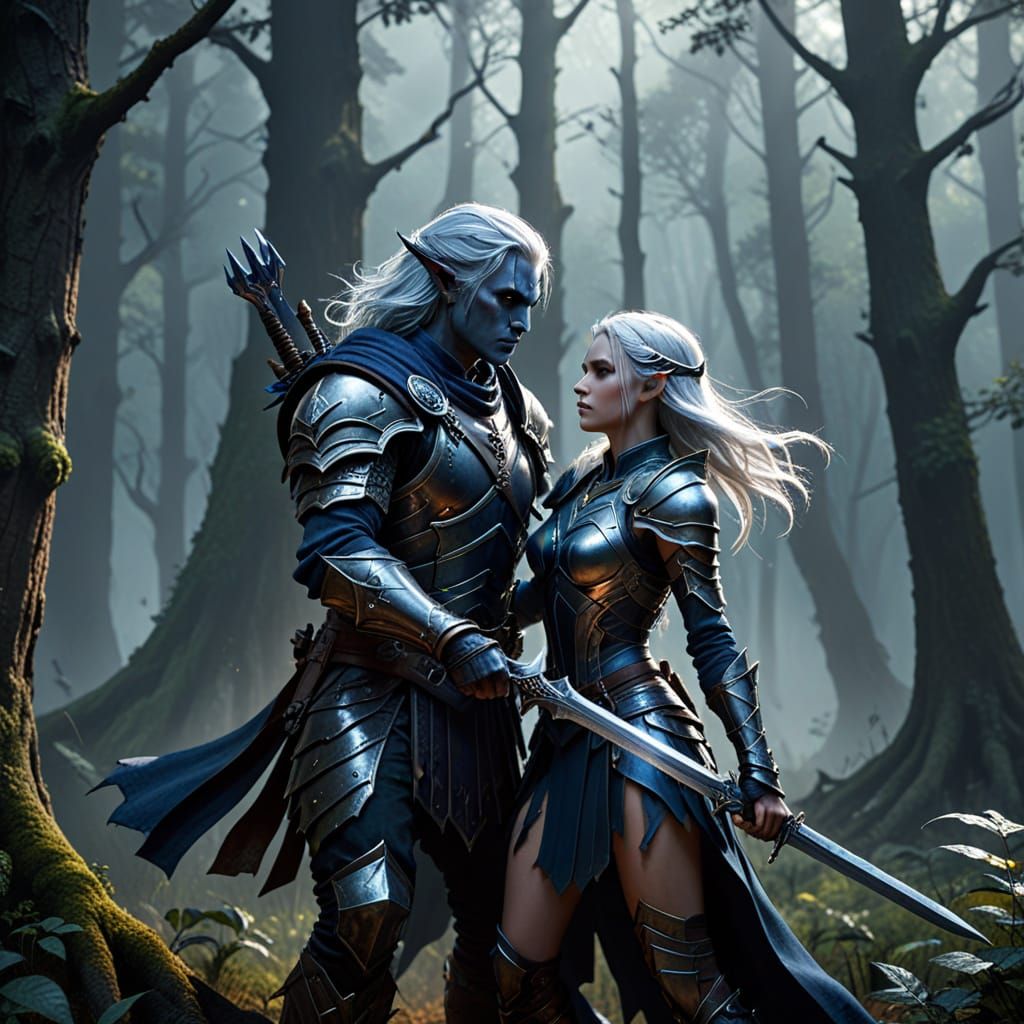 Epic Drow and Elf Warriors Clash in Ancient Forest, High Fan...