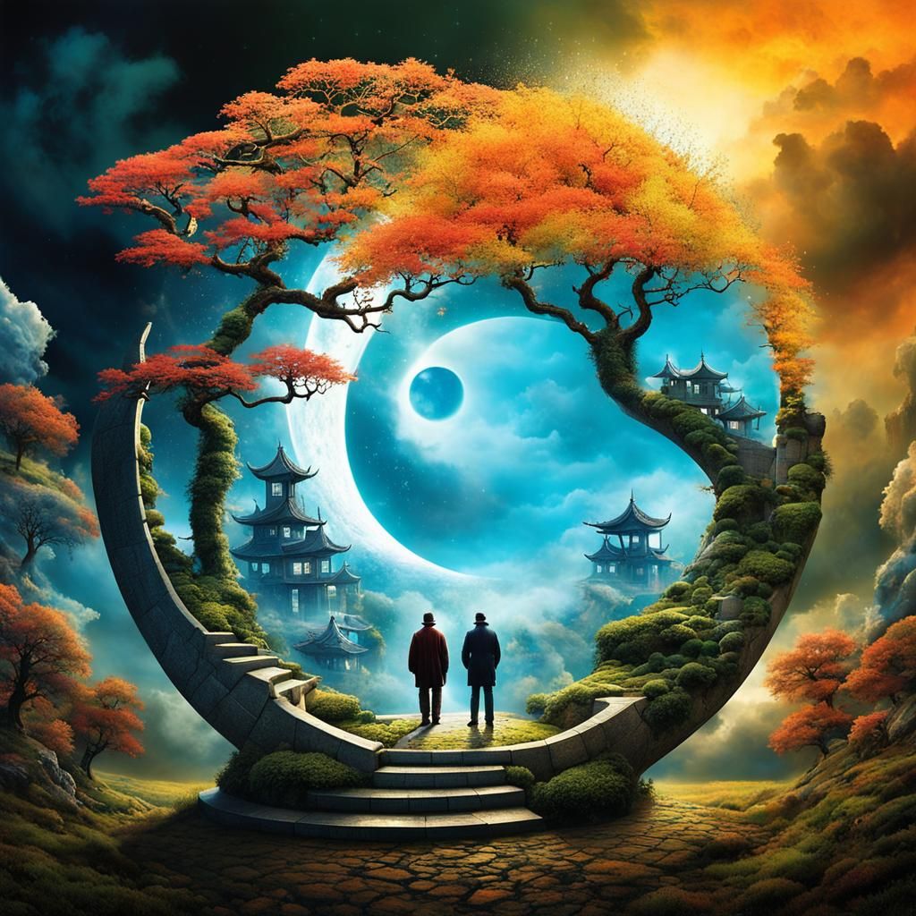 Surreal Stargate Scene with Bonsai and Cottages