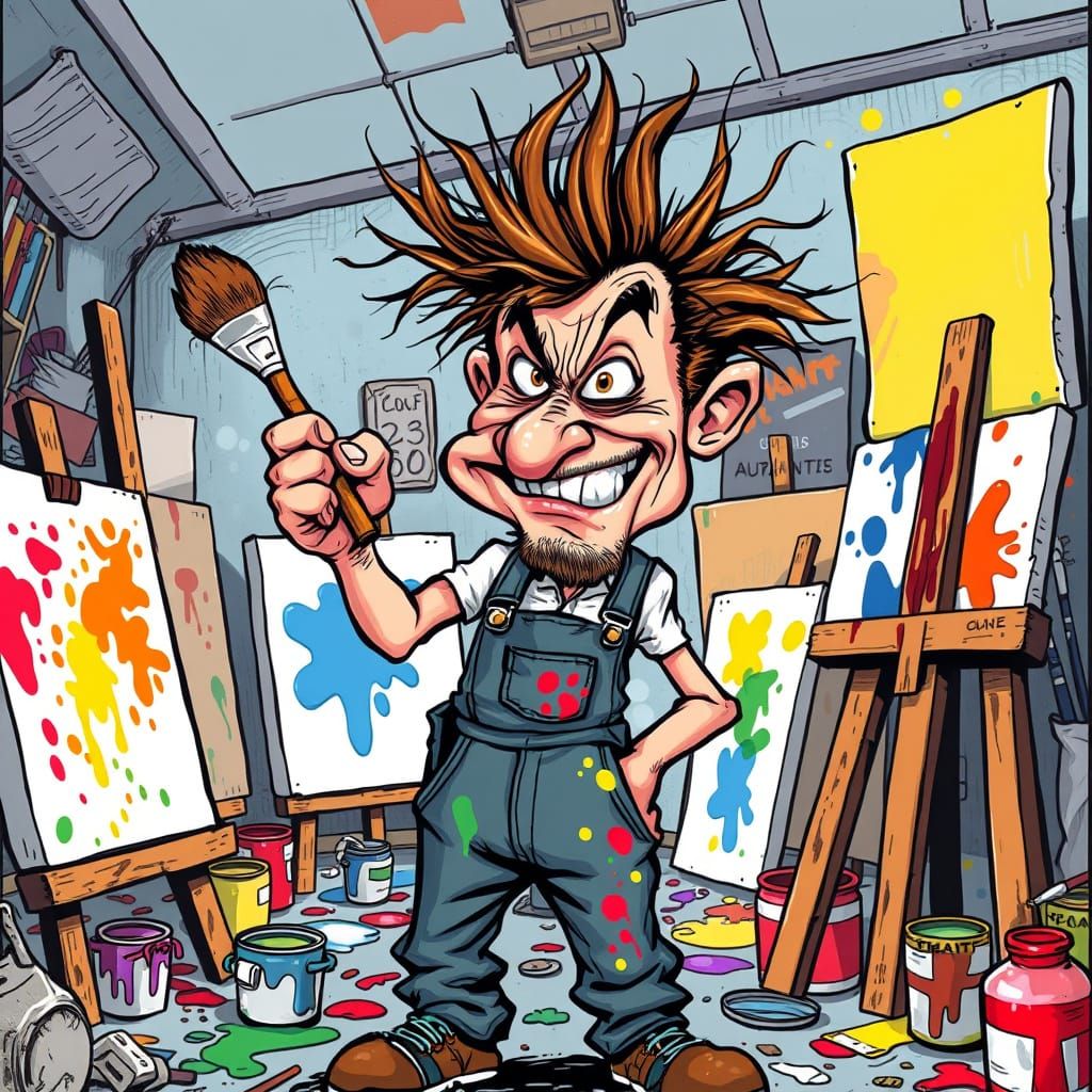 Mad Painter Caricature with Wild Energy