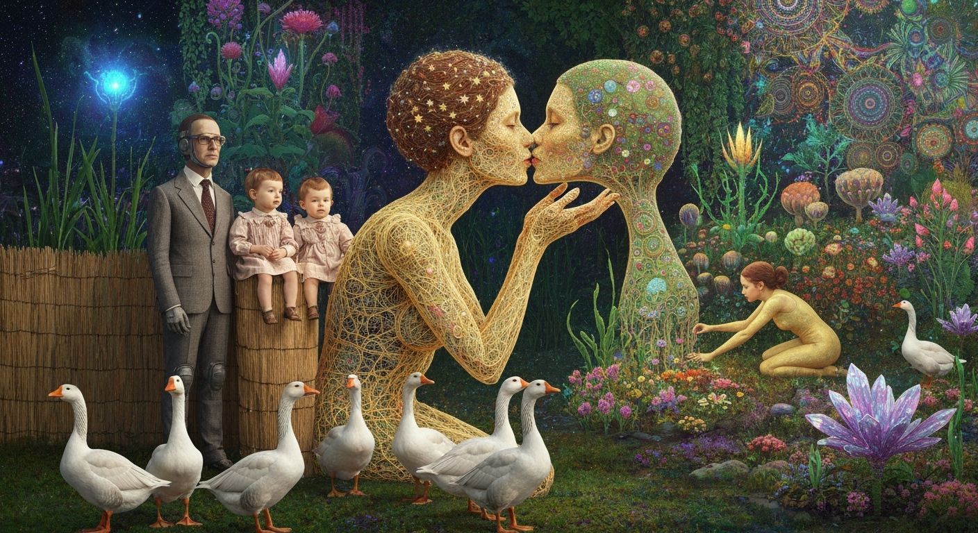 Folkloric Robot & Twins in Surreal Eco-Art Garden