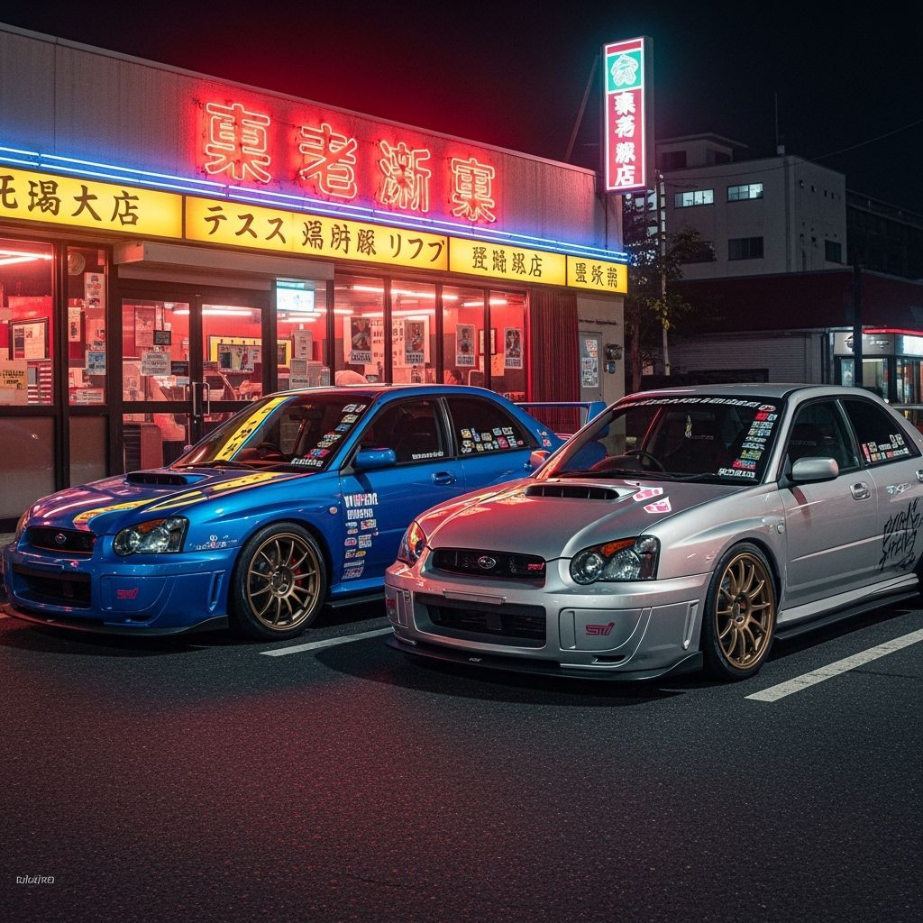 Tuned Subaru Imprezas at Night: Digital Painting
