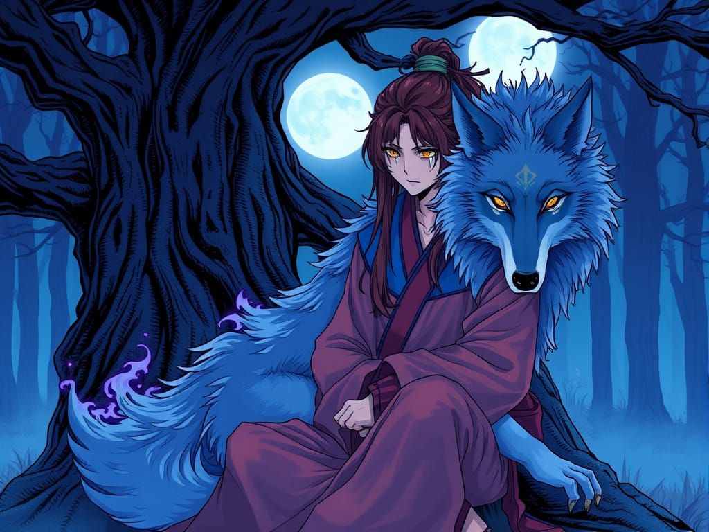 Sorrowful Cultivator with Wolf in Manga Style