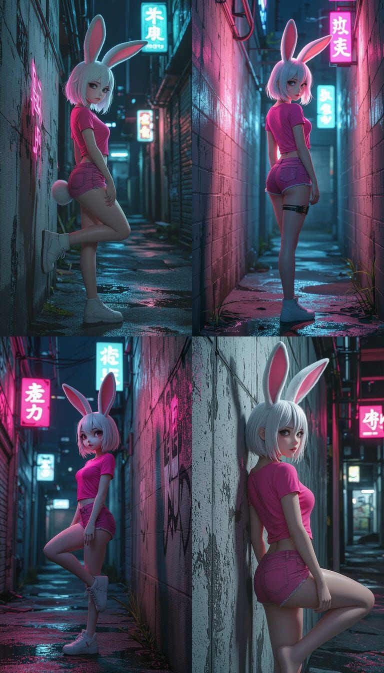 Rabbit Girl in Neon Cyberpunk Alley Portrait