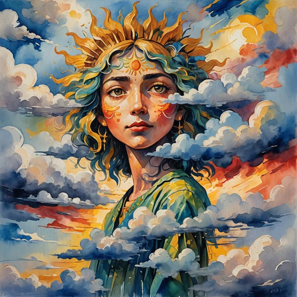 Impressionist Sun Breaking Through Clouds in Gouache