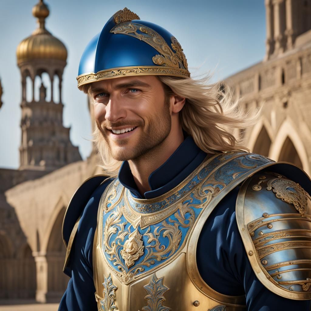 Detailed Portrait of Smiling Man in Blue and Gold Armor