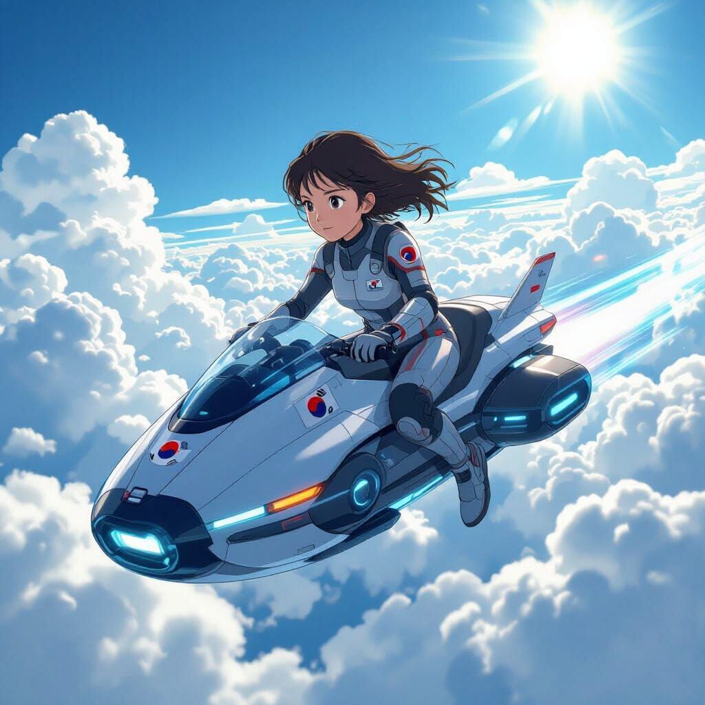 Anime Girl on Hoverbike Amidst Clouds