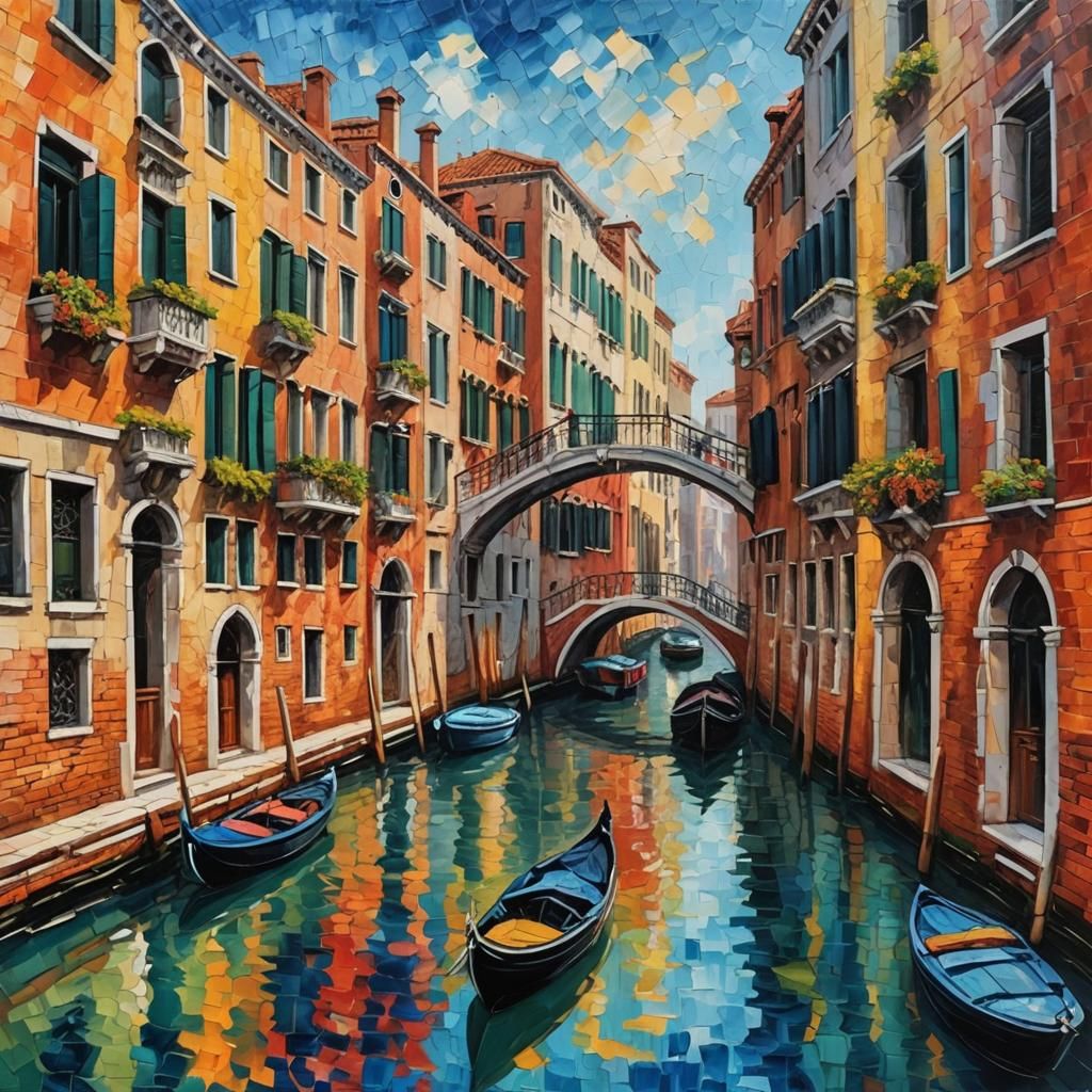 Venice Canals in Neo-Impressionist Oil Painting