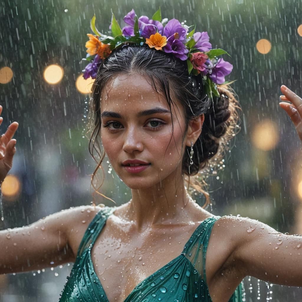 Lady Dancing in Rain: Vibrant Art Nouveau Portrait