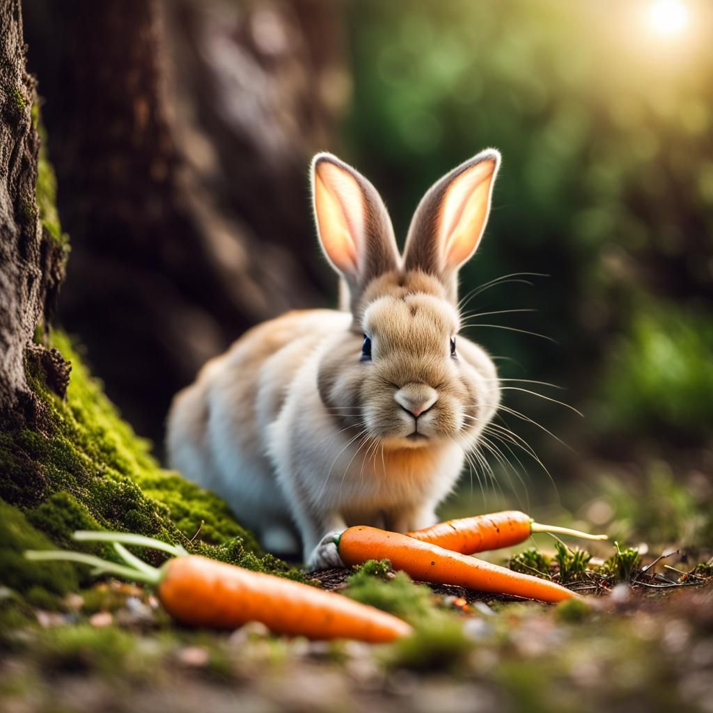 Bunny with Sun Hat Munching Carrot