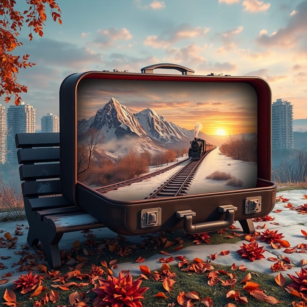 Winter Landscape Inside an Open Suitcase: Surreal 3D Art