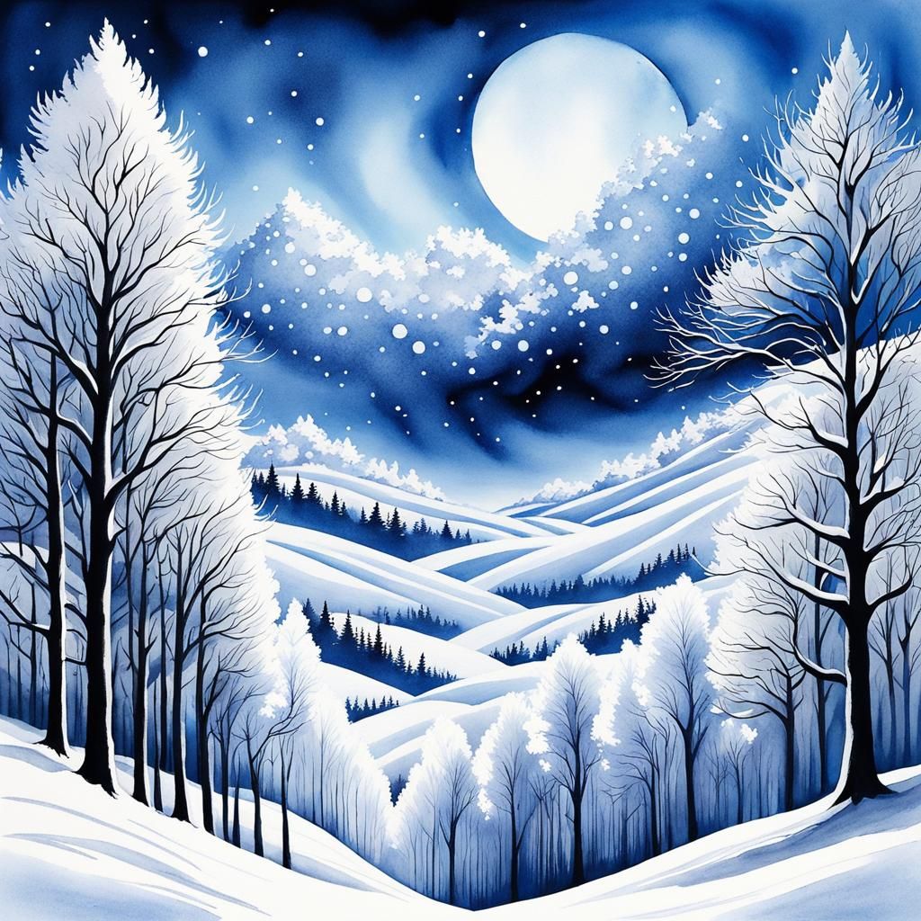 Winter Landscape with Snow-Covered Trees in Van Gogh Style